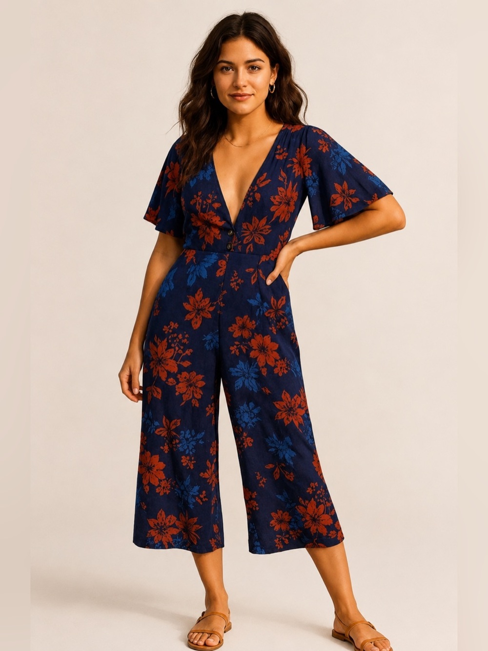 Sage The Label Women's Navy Floral Light of Moon Wide Leg Jumpsuit NWT M #2245